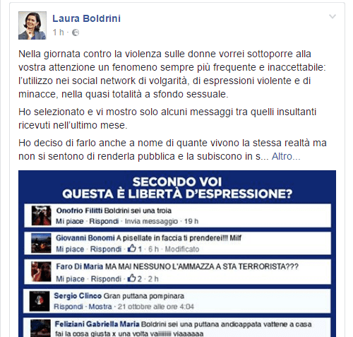 No violenza sulle donne: Laura Boldrini posta i nomi di chi la insulta sui social