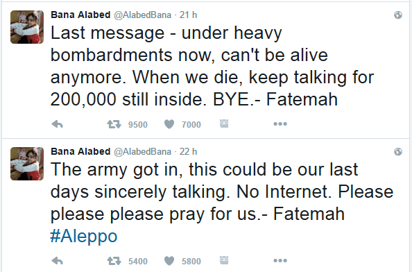 Bana Alabed Twitter Aleppo messaggio con foto