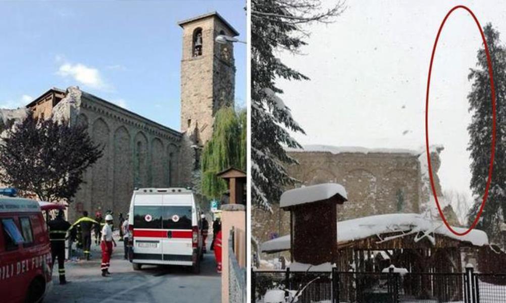 Amatrice, il campanile di Sant'Agostino crollato per il terremoto del 18 gennaio 2017