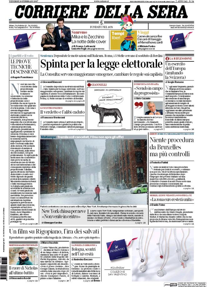 Venerdì 10 febbraio, le prime pagine dei giornali