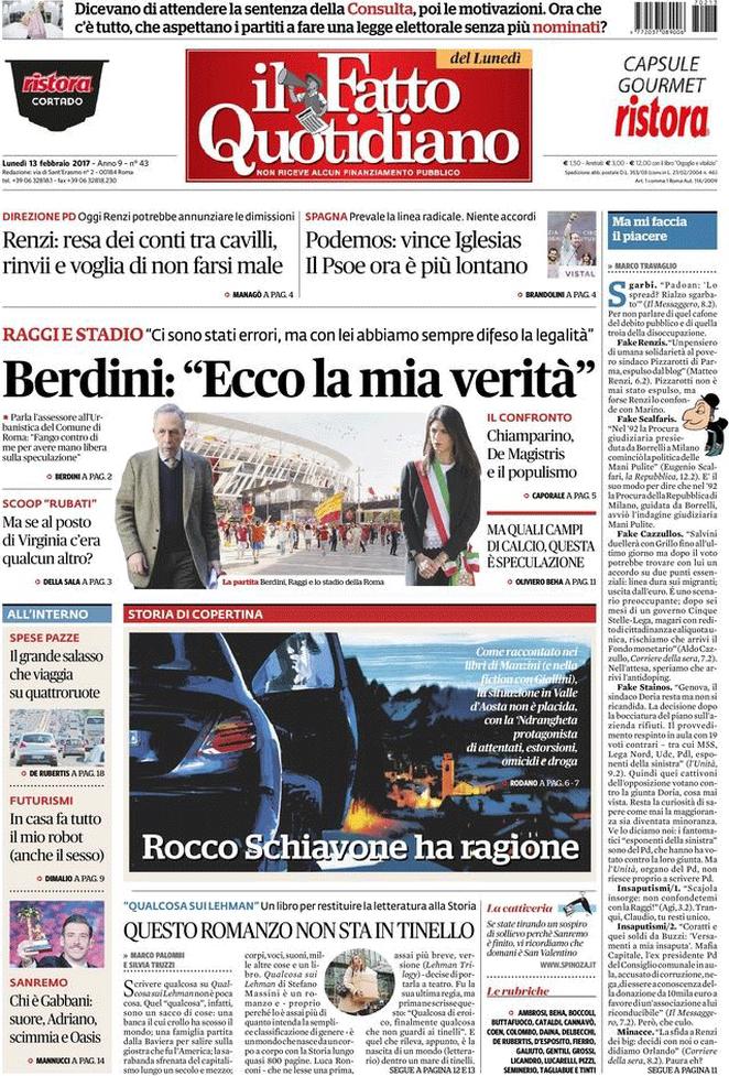 Lunedì 13 febbraio, le prime pagine dei giornali