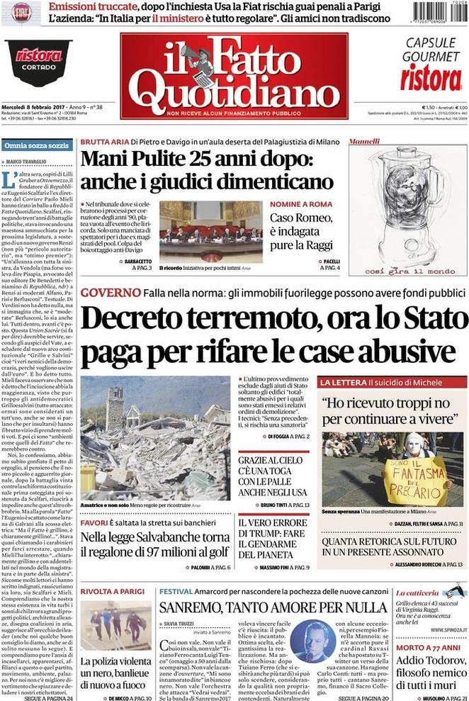 Mercoledì 8 febbraio, le prime pagine dei giornali