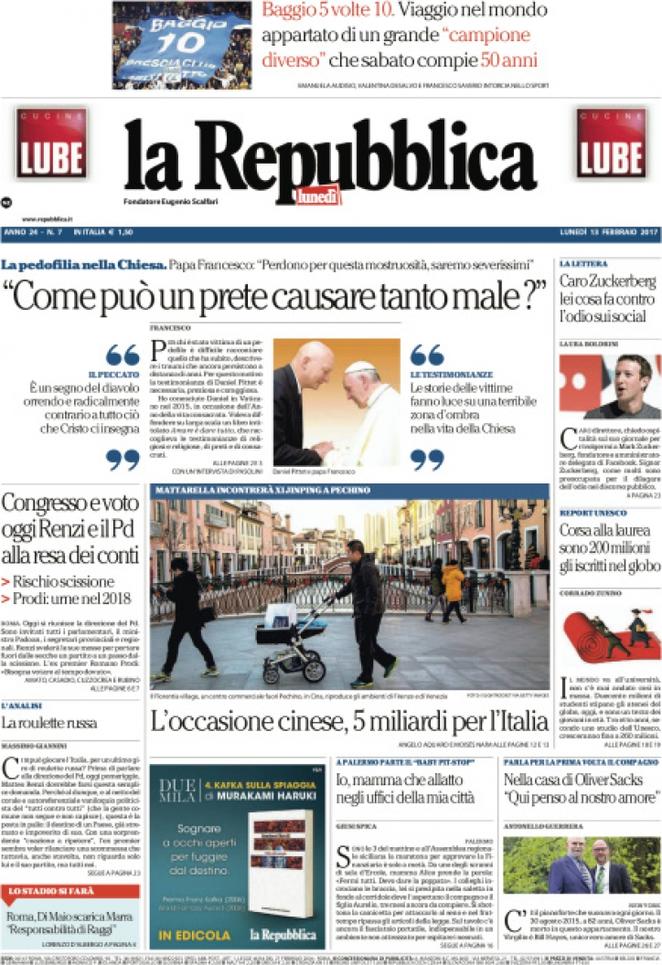 Lunedì 13 febbraio, le prime pagine dei giornali