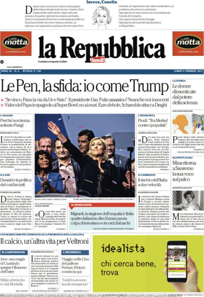 Lunedì 6 febbraio, le prime pagine dei giornali