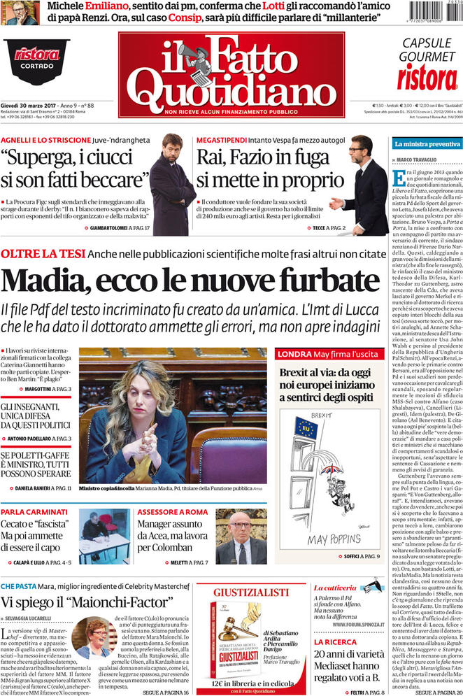 Giovedì 30 marzo, le prime pagine dei giornali