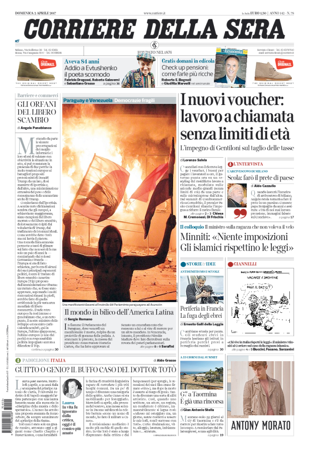 Domenica 2 aprile, le prime pagine dei giornali