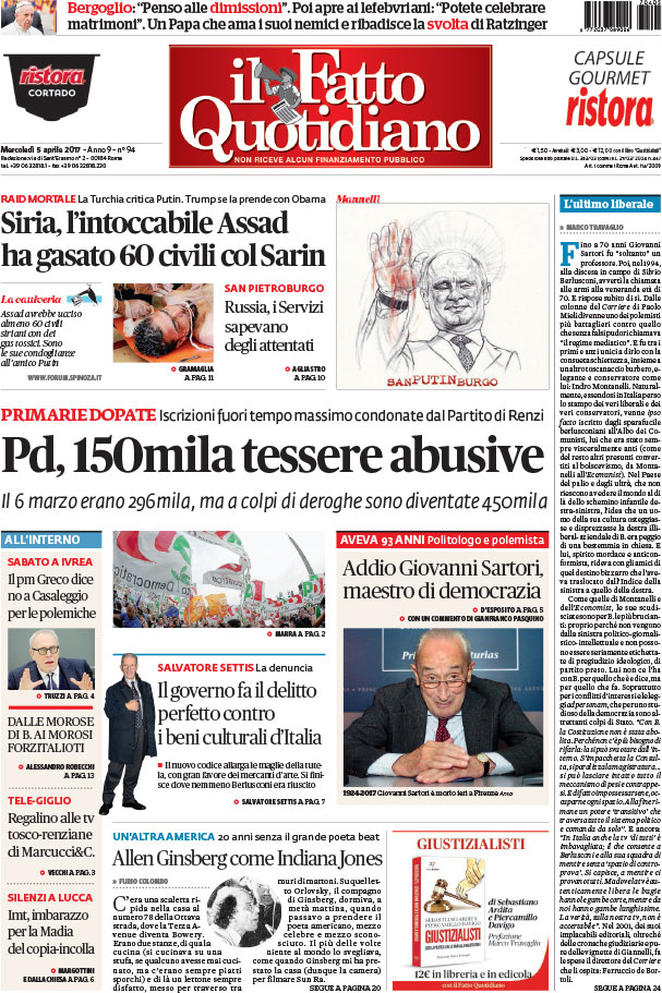 Mercoledì 5 aprile, le prime pagine dei giornali