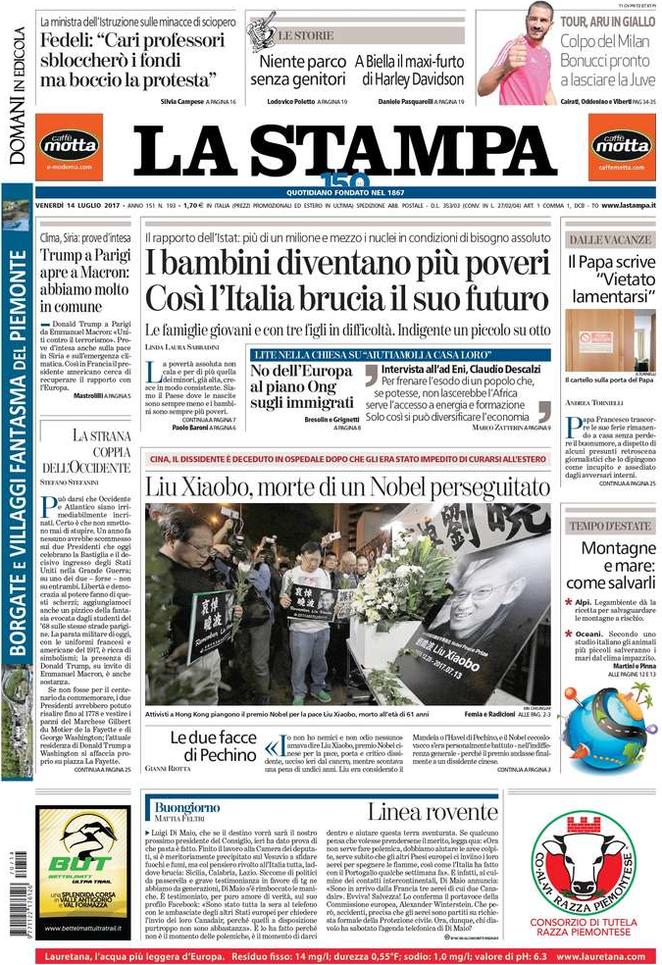 Venerdì 14 luglio 2017, le prime pagine dei giornali italiani