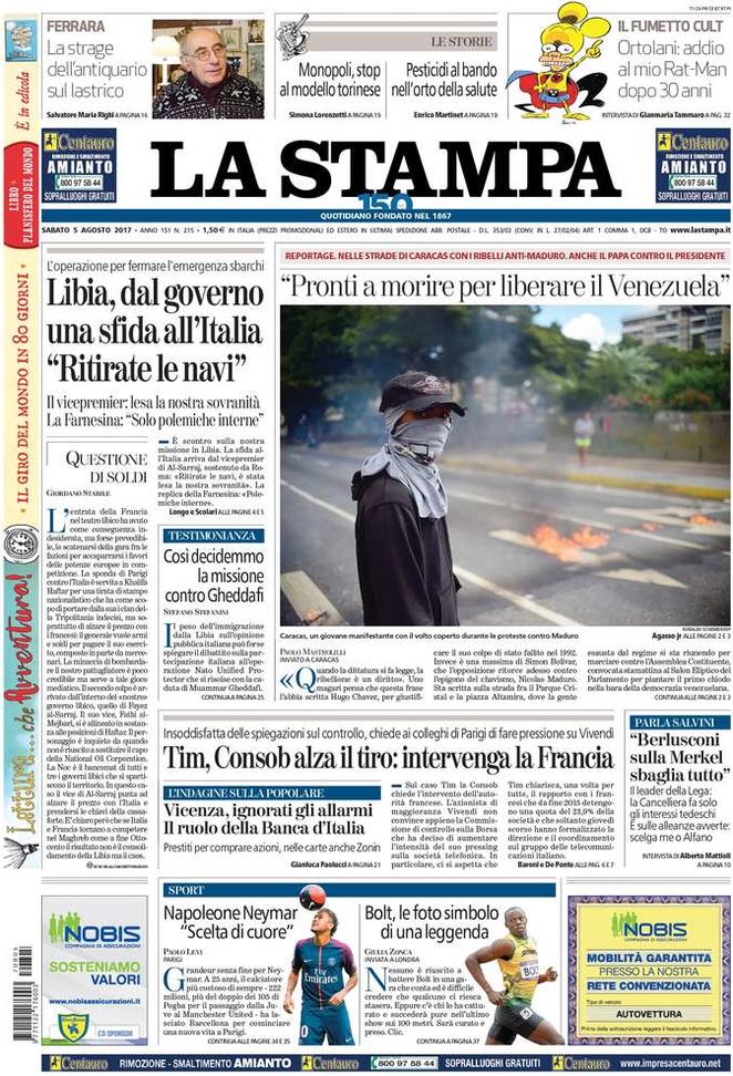 Sabato 5 agosto 2017, le prime pagine dei giornali italiani