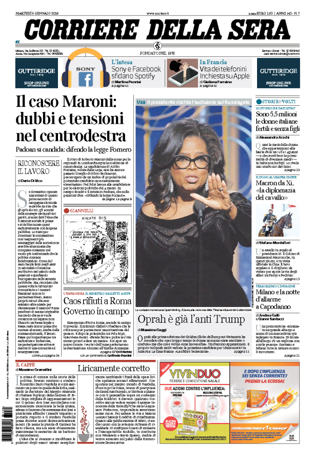 Dal Corriere a Repubblica e al Mattino, e dal Fatto al Messaggero, ecco come i quotidiani presentano le principali notizie di giornata.