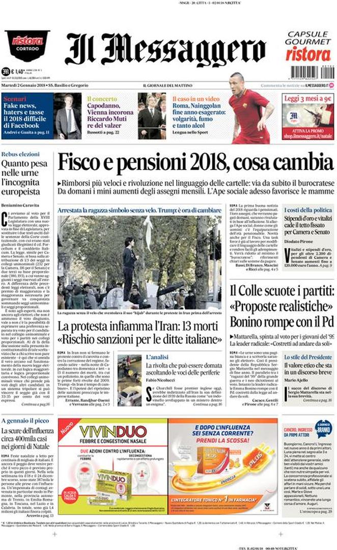 Martedì 2 gennaio, le prime pagine dei giornali