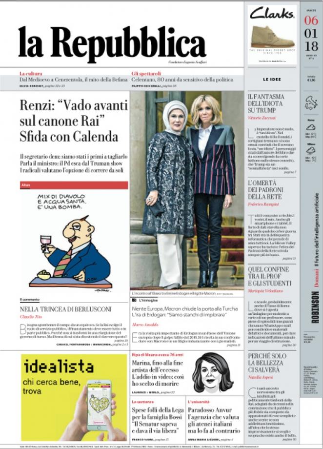 Sabato 6 gennaio 2018, le prime pagine dei giornali italiani