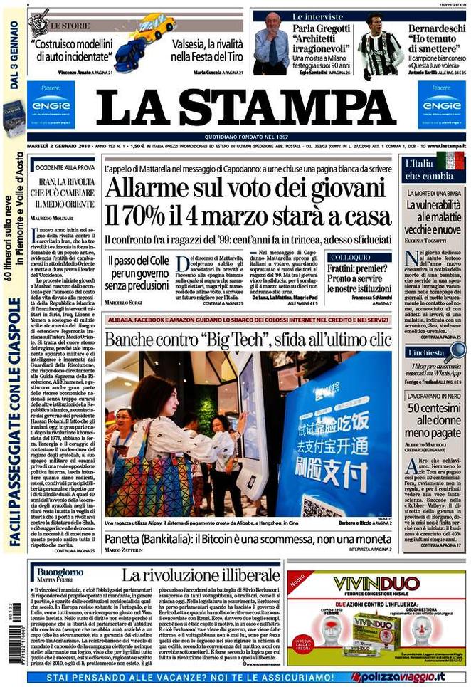 Martedì 2 gennaio, le prime pagine dei giornali