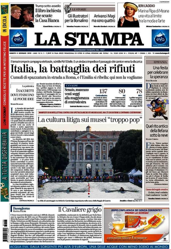 Sabato 6 gennaio 2018, le prime pagine dei giornali italiani