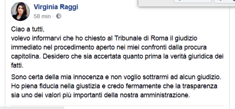 Con un post a sorpresa sul suo profilo Facebook, la sindaca di Roma ha fatto sapere, mercoledì 3 gennaio, di aver chiesto il giudizio immediato alla procura di Roma in relazione alle accuse di falso sulle nomine in Campidoglio.