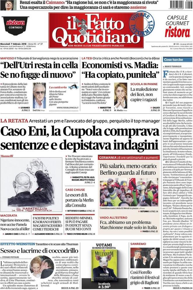 Dal Corriere a Repubblica e alla Stampa, e dal Fatto al Messaggero, ecco come i quotidiani presentano le principali notizie di giornata.  Le prime pagine dei giornali di oggi 6 febbraio