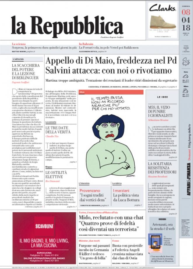 Domenica 8 aprile 2018, le prime pagine dei giornali italiani