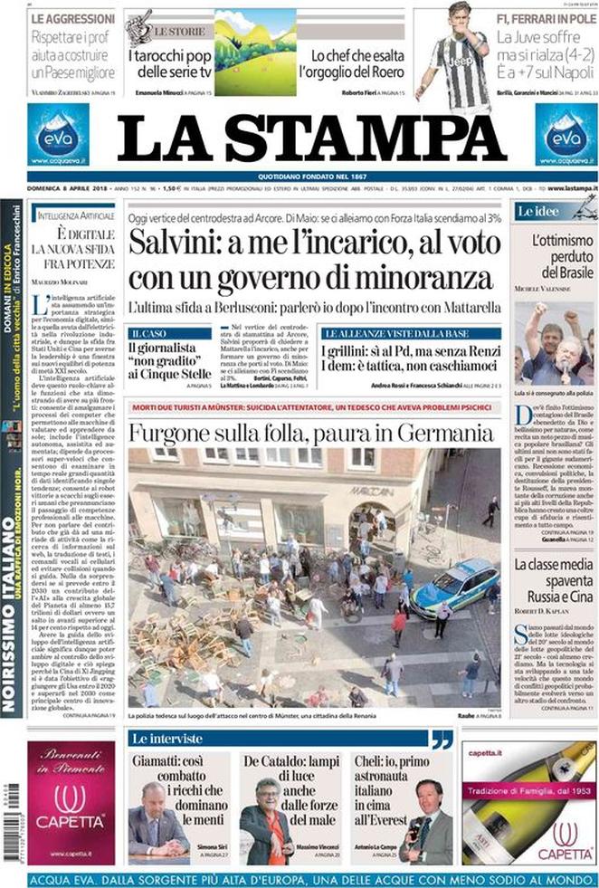Domenica 8 aprile 2018, le prime pagine dei giornali italiani