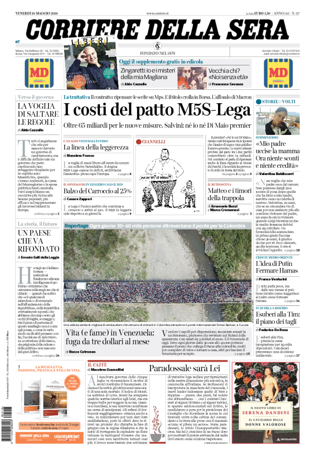 Venerdì 18 maggio 2018, le prime pagine dei giornali italiani