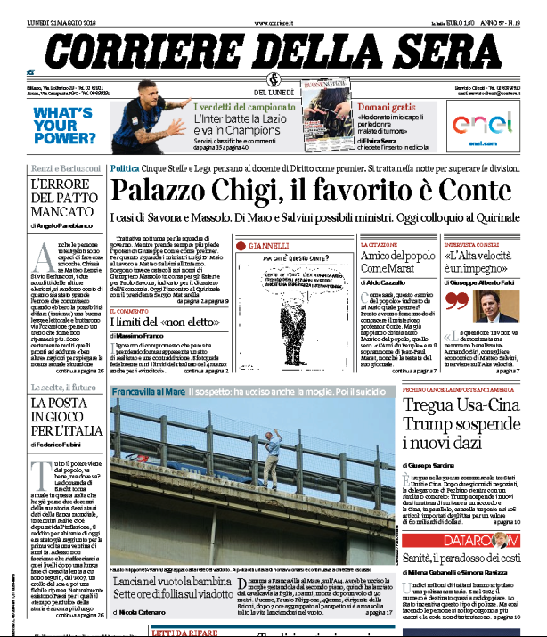 Lunedì 21 maggio 2018, le prime pagine dei giornali italiani