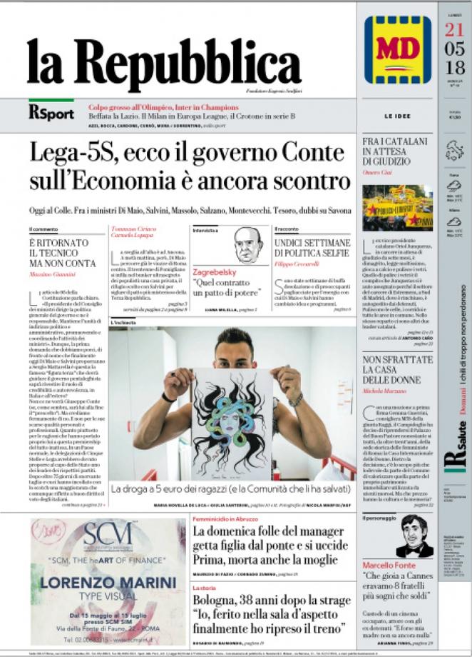 Lunedì 21 maggio 2018, le prime pagine dei giornali italiani