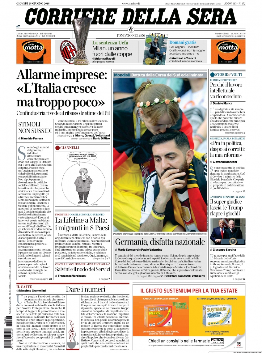 Giovedì 28 giugno 2018, le prime pagine dei giornali italiani