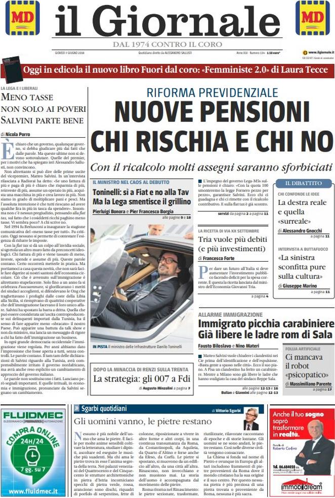 Giovedì 7 giugno 2018, le prime pagine dei giornali italiani