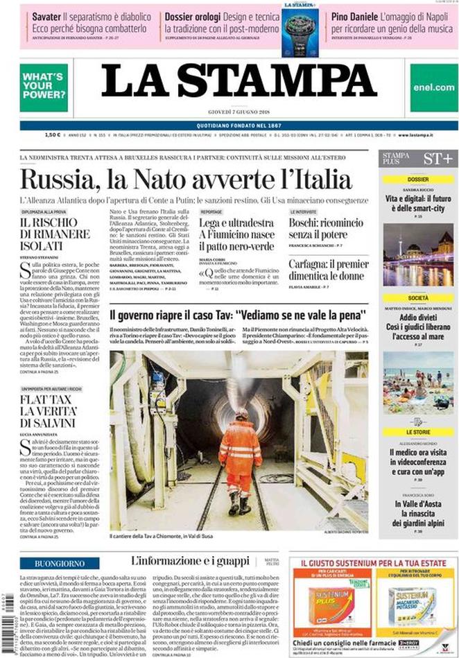 Giovedì 7 giugno 2018, le prime pagine dei giornali italiani