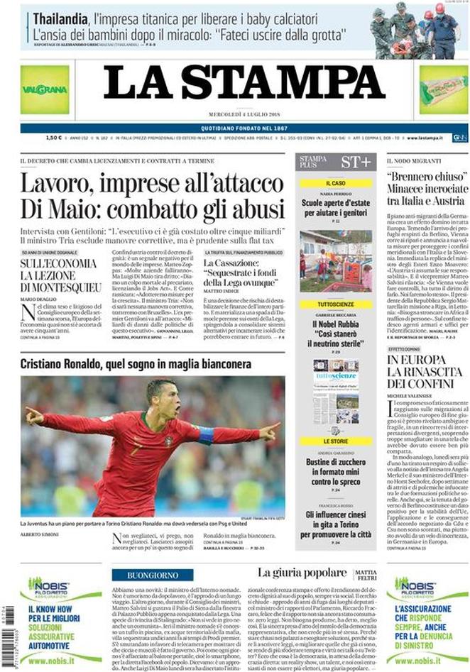 Mercoledì 4 luglio 2018, le prime pagine dei giornali italiani